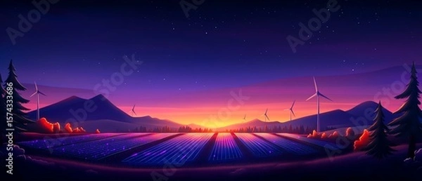 Fototapeta A vibrant sunset illuminates a solar farm with wind turbines and mountains in the distance, blending renewable energy and natural beauty under a starry sky.