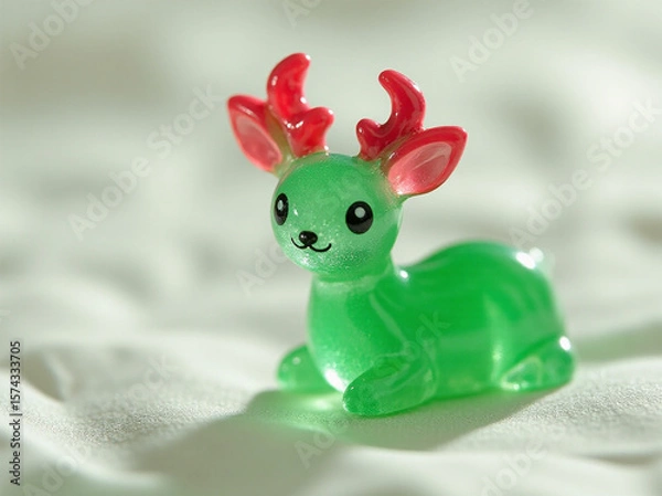 Obraz A cute and colorful translucent resin figurine of a deer with red antlers, resting on a soft surface.