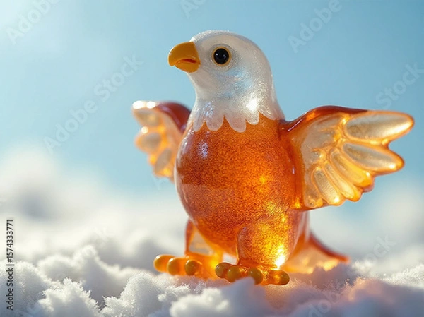 Obraz A whimsical resinbird in warm tones standing on fluffy clouds