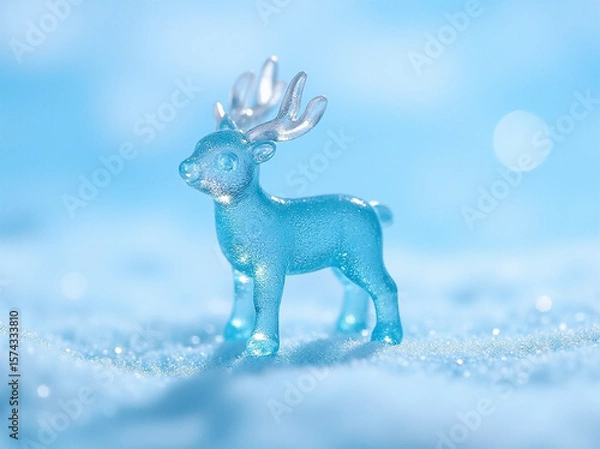 Obraz A delicate blue resin reindeer figurine set against a soft, snowy background