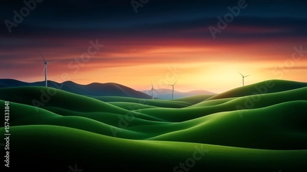 Fototapeta Sunset over rolling green hills with wind turbines scattered across the landscape, creating a serene, eco-friendly atmosphere.