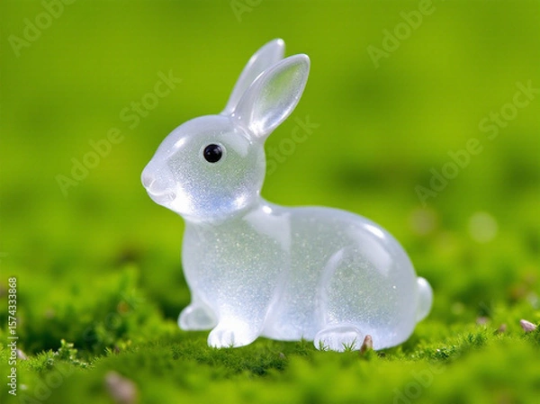 Obraz A charming translucent resin rabbit figurine set against a vibrant green moss background.