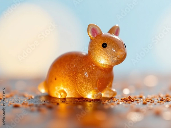 Obraz A whimsical, glowing resin rabbit figurine reflecting warm light against a soft-focus background.