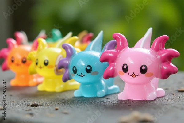 Obraz A vibrant collection of colorful, whimsical resin axolotl figurines lined up on a surface.