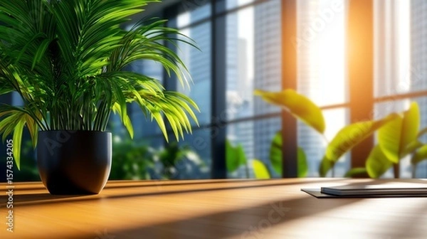 Fototapeta A green potted plant sits on a wooden table bathed in sunlight with a bright indoor space and large windows overlooking a cityscape in the background.