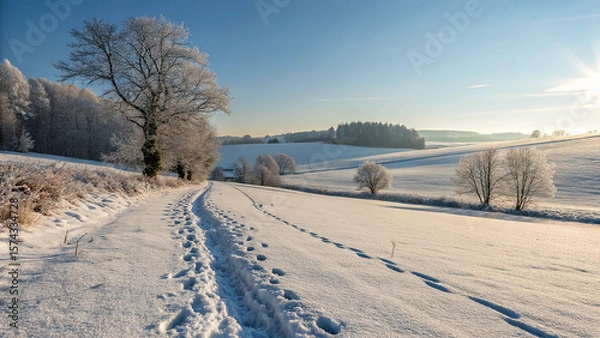 Fototapeta Snowy path through frosted trees and fields winter