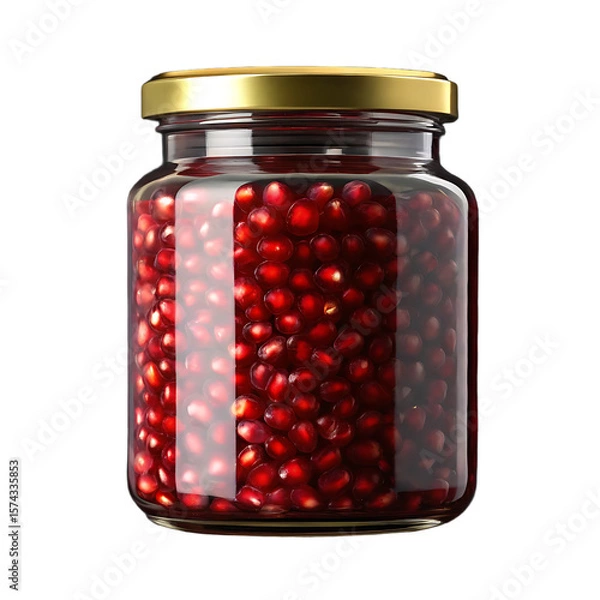 Fototapeta Glass jar filled with fresh ripe red pomegranate seeds and a golden lid isolated on transparent background