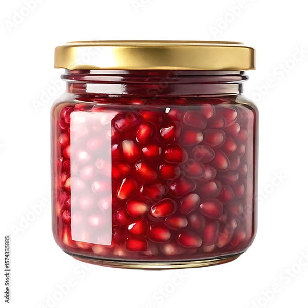 Fototapeta Glass jar filled with fresh vibrant red pomegranate seeds and a golden lid isolated on transparent background