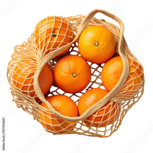 Fototapeta Fresh oranges packed in a reusable natural net bag isolated on transparent background