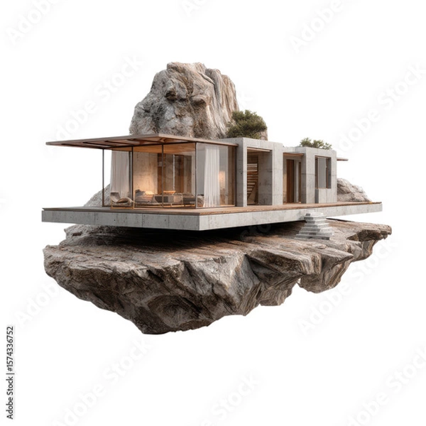Fototapeta House on floating rock on transparent Background