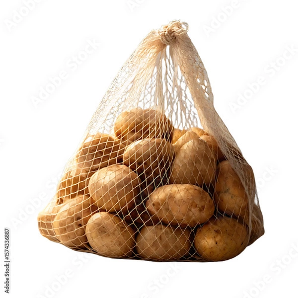 Fototapeta A mesh bag filled with fresh raw potatoes is displayed isolated on a transparent background isolated on transparent background