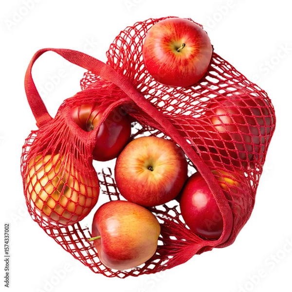 Fototapeta Fresh red apples in a reusable red mesh shopping bag isolated on transparent background