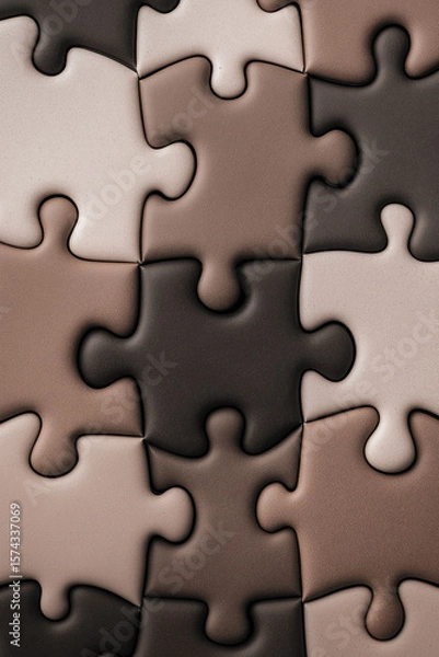 Fototapeta Puzzle pieces background with various shades of brown, close-up view. Textured jigsaw puzzle