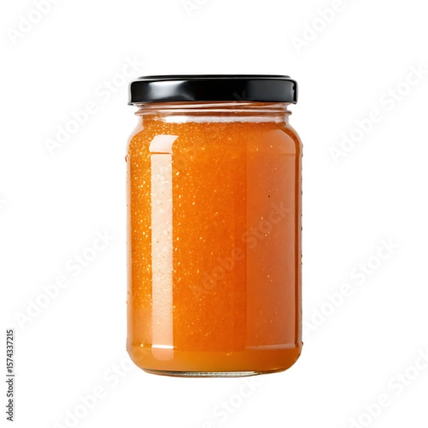 Fototapeta Glass jar filled with bright orange textured jam or spread with a black lid isolated on transparent background