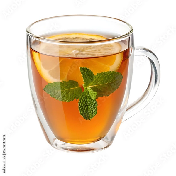 Fototapeta Refreshing hot tea with a slice of lemon and fresh mint leaves in a clear glass cup isolated on transparent background