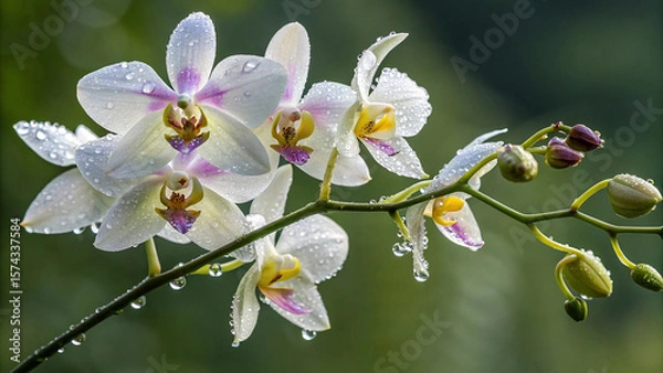 Fototapeta White orchids with water droplets on stem and petals