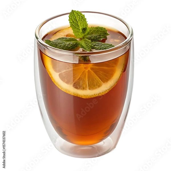 Fototapeta Refreshing iced tea with lemon slice and mint leaves in a double walled glass isolated on transparent background
