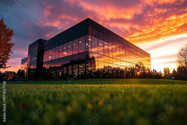 Fototapeta Modern office building reflecting a vibrant sunset.