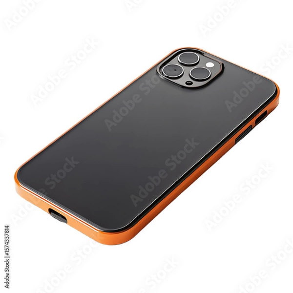 Fototapeta Modern smartphone with a sleek black finish and vibrant orange bumper isolated on transparent background