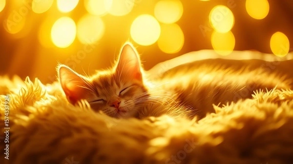 Fototapeta A sleeping cat surrounded by warm, glowing lights.