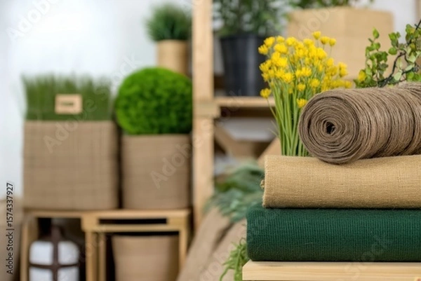 Fototapeta Rolled linen fabric in various colors with greenery in cozy setting