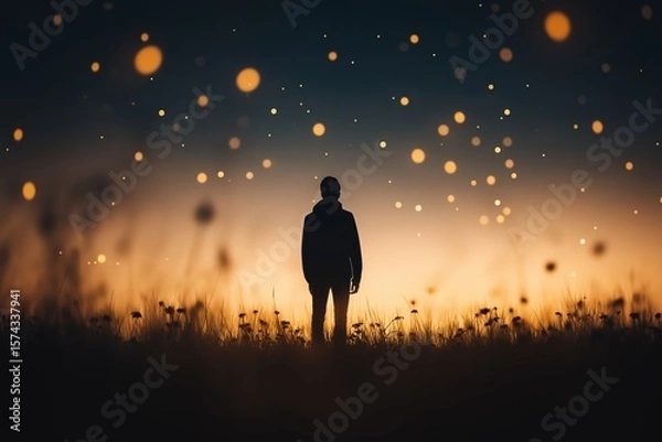 Fototapeta Silhouette of person standing in field at sunset, glowing lights background, nature, evening