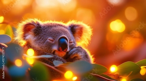 Fototapeta Sleepy koala amidst twinkling lights in a colorful setting.