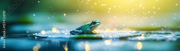 Fototapeta A frog sits on a water surface with droplets glistening around it.