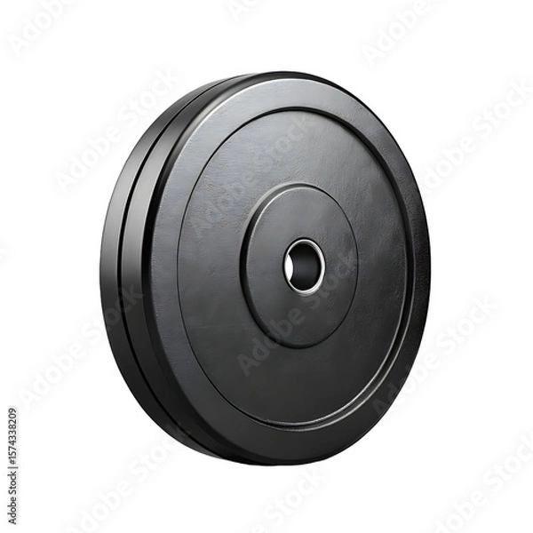 Fototapeta Heavy black olympic weight plate with textured surface and silver metal center hole isolated on transparent background