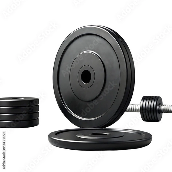 Fototapeta Black weight plates and barbell weights arranged on a concrete surface isolated on transparent background