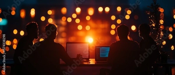 Fototapeta Silhouettes of people working on laptops against a glowing city backdrop.