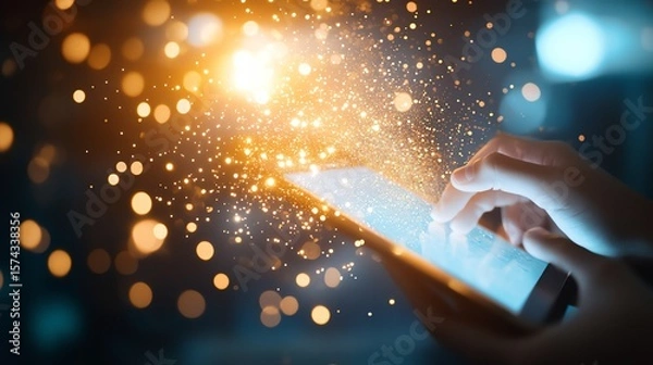 Fototapeta Fingers interacting with a glowing tablet amidst sparkling light effects.