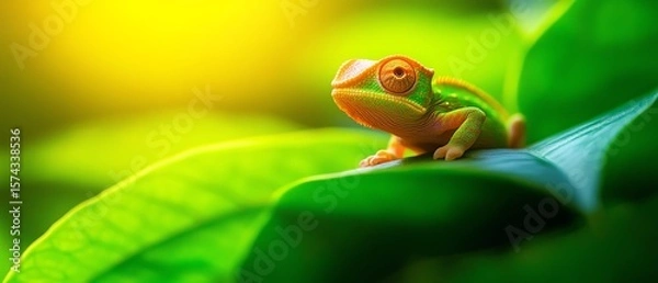 Fototapeta Lizard perched on a vibrant green leaf in soft sunlight.