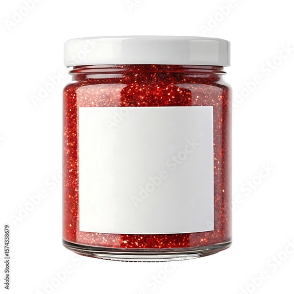 Fototapeta Glass jar filled with sparkling red glitter and a white label isolated on transparent background