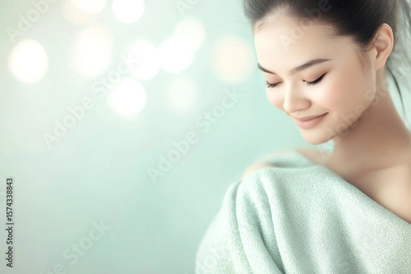 Fototapeta Smiling woman with soft skin, delicate expression, pastel background, calm atmosphere, beautiful portrait