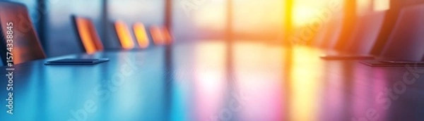 Fototapeta Blurred conference table with colorful reflections and modern design.