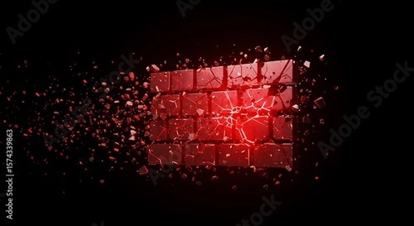 Fototapeta Shattered Red Brick Wall Abstract Destruction Art. (AI Generated)