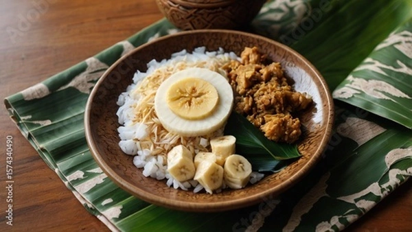 Obraz Flatlay of traditional Indonesian healthy breakfast: bubur ayam, tempe goreng, herbal tea, and banana leaf decoration. 