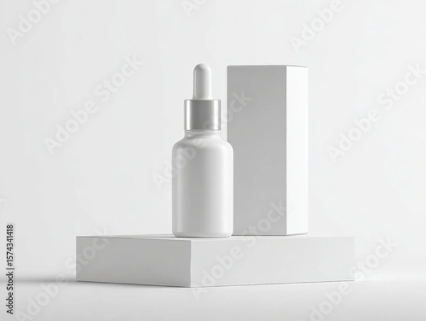 Fototapeta Realistic serum bottle with dropper, placed next to blank box on clean, minimalistic surface. design emphasizes simplicity and elegance, perfect for showcasing skincare products