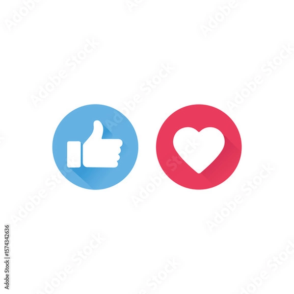 Fototapeta heart shaped like symbol, Social Media Reaction Icons, Blue Thumbs Up and Red Heart Icons: Social Media Like and Love Buttons., Thumb Blue And Heart Red Circle Button