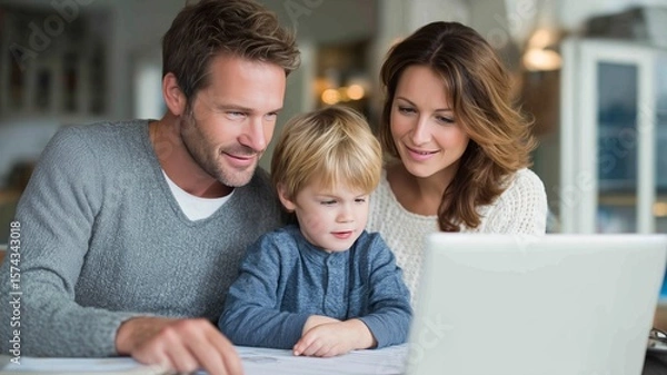 Fototapeta Family reviewing finances together by laptop in cozy home environment while discussing loan options