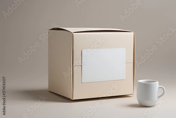 Fototapeta Square Box with Label and Mug Product Packaging Branding Mockup