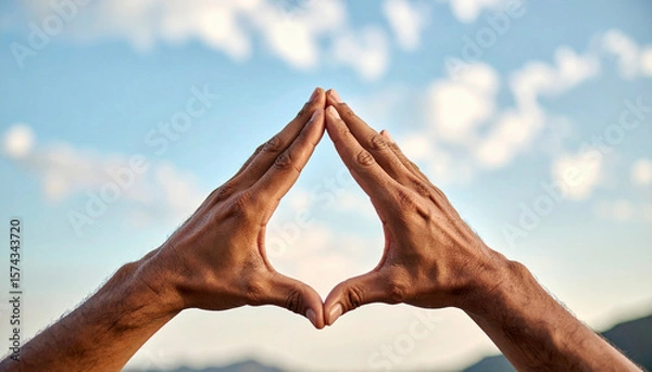 Fototapeta Hands Creating Triangle Shape Against Sky