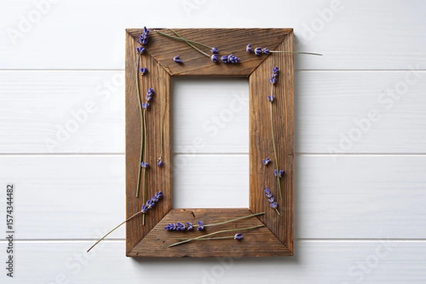 Fototapeta Rustic Wooden Frame with Lavender Flowers on White Background