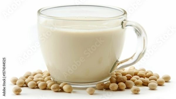 Fototapeta Soy milk with soybeans isolated on white background.