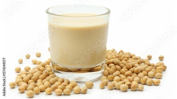 Fototapeta Soy milk with soybeans isolated on white background.