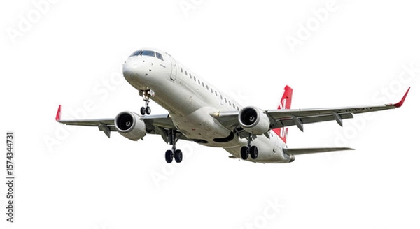 Fototapeta White airplane with red accents taking off isolated on a transparent background