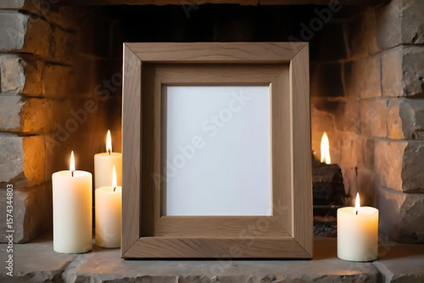 Fototapeta Empty Frame Mockup by Fireplace with Candles for Art Photo or Advertisement
