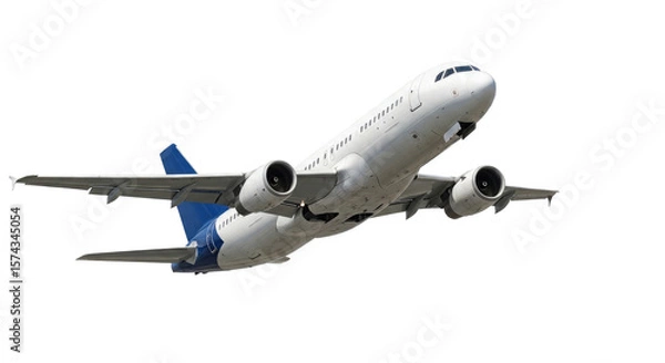 Fototapeta White jetliner with blue tail isolated on a transparent background