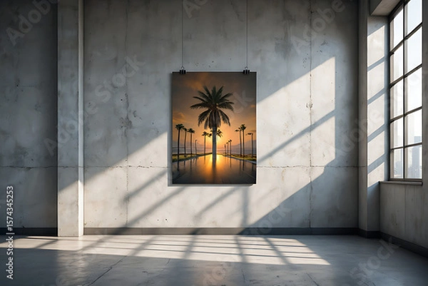 Fototapeta Palm Tree Sunset Poster in Modern Room with Window Light Background